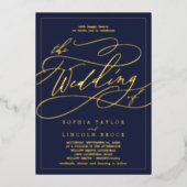 Romantic Gold Foil | Navy Blue Lijst Wedding Folie Uitnodiging (Voorkant)