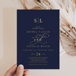 Romantic Gold Foil | Navy Blue Monogram Weddenscha Folie Uitnodiging<br><div class="desc">Deze romantische gouden folie marvy blue monogram bruiloft is perfect voor een eenvoudige bruiloft. Het moderne klassieke ontwerp is voorzien van fancy draden en grillen met prachtige elegante folie met handschrift gestempelde typografie op een donkerblauwe achtergrond.</div>