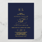 Romantic Gold Foil | Navy Blue Monogram Weddenscha Folie Uitnodiging (Voorkant)