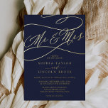 Romantic Gold Foil | Navy Blue Mr. & Mrs Wedding Folie Uitnodiging<br><div class="desc">Deze romantische gouden folie marjoe Mr en Mrs bruiloft folie uitnodiging is perfect voor een eenvoudige bruiloft. Het moderne klassieke ontwerp is voorzien van fancy draden en grillen met een prachtige elegante,  met handschrift geschreven gouden folie geperste typografie op een donkerblauwe achtergrond.</div>