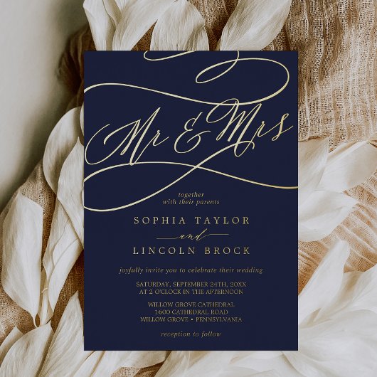 Romantic Gold Foil | Navy Blue Mr. & Mrs Wedding Folie Uitnodiging