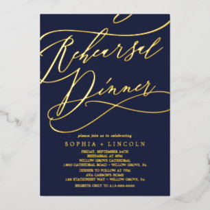 Romantic Gold Foil   Navy Blue Rehearsal Dinner Folie Uitnodiging