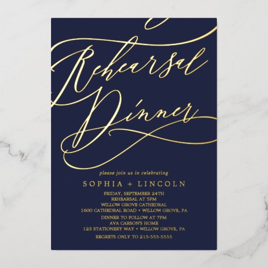 Romantic Gold Foil | Navy Blue Rehearsal Dinner Folie Uitnodiging (Voorkant)