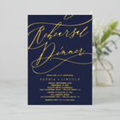 Romantic Gold Foil | Navy Blue Rehearsal Dinner Folie Uitnodiging (Staand Voorkant)