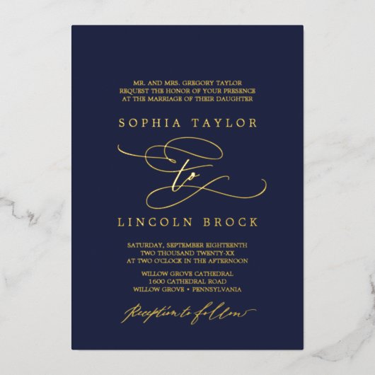 Romantic Gold Foil | Vlaamse marineslag Folie Uitnodiging (Voorkant)