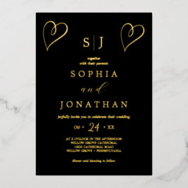 Romantic Gold Foil | Zwart monogram huwelijk Folie Uitnodiging
