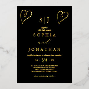 Romantic Gold Foil   Zwart monogram huwelijk Folie Uitnodiging