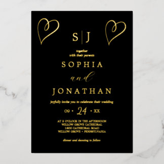 Romantic Gold Foil | Zwart monogram huwelijk Folie Uitnodiging