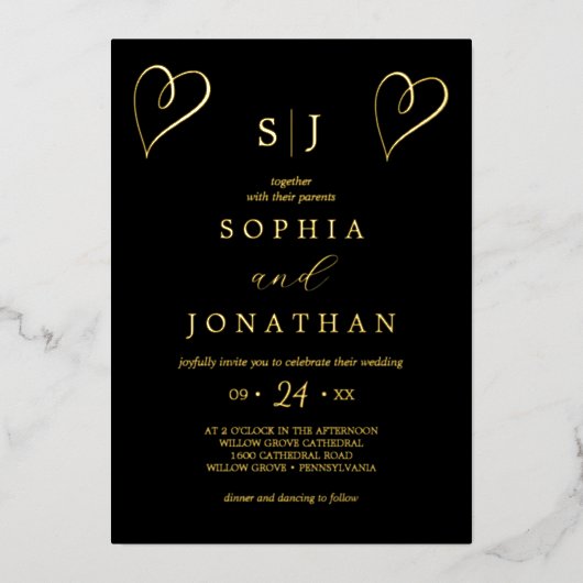 Romantic Gold Foil | Zwart monogram huwelijk Folie Uitnodiging (Voorkant)