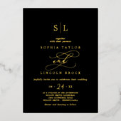 Romantic Gold Foil | Zwart monogram huwelijk Folie Uitnodiging (Voorkant)