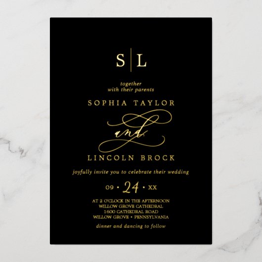 Romantic Gold Foil | Zwart monogram huwelijk Folie Uitnodiging (Voorkant)
