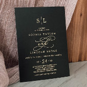 Romantic Gold Foil | Zwart monogram huwelijk Folie Uitnodiging