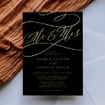 Romantic Gold Foil | Zwarte Mr & Mrs Wedding Folie Uitnodiging<br><div class="desc">Deze romantische gouden folie zwarte Mr en Mrs bruiloft folie uitnodiging is perfect voor een eenvoudige bruiloft. Het moderne klassieke ontwerp is voorzien van fancy draden en grillen met een prachtige elegante,  met de hand geschreven gouden folie met briefjes op een zwarte achtergrond.</div>