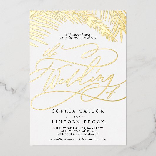 Romantic Gold Foil | Zwarte palm in één huwelijk Folie Uitnodiging (Voorkant)