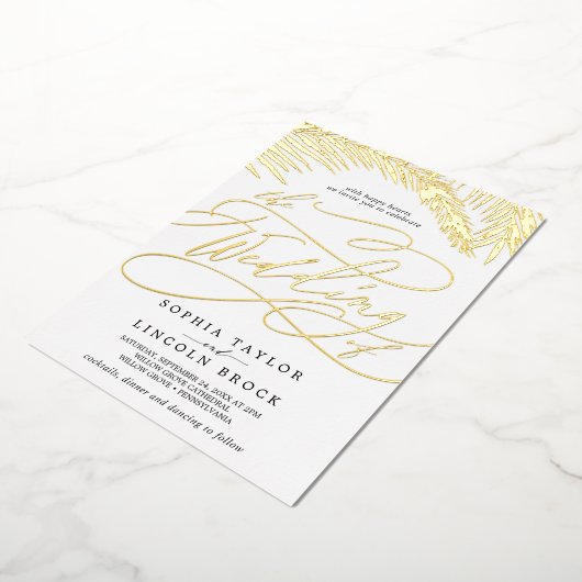 Romantic Gold Foil | Zwarte palm in één huwelijk Folie Uitnodiging (Gedraaid)