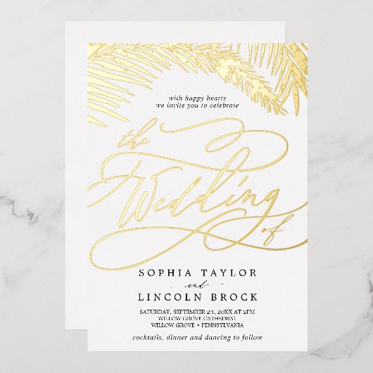 Romantic Gold Foil | Zwarte palm in één huwelijk Folie Uitnodiging (Voorkant / Achterkant)