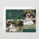 Romantic Gold Green Merry 2 Foto Familie Nieuws Feestdagenkaart<br><div class="desc">Dit romantische gouden groet 2 briefkaart voor de fotovakantie van de familie is de perfecte eenvoudige feestelijke groet. Het moderne klassieke ontwerp is voorzien van fancy draden en grillen met prachtige elegante handgeschreven faux champagne Gold folie-typografie. Pas uw briefkaart aan met 2 foto's, uw familienaam, voornamen en jaar. Neem een...</div>