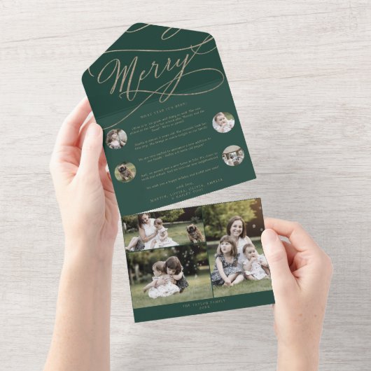 Romantic Gold Green Merry Multi Photo Holiday All In One Uitnodiging (Afscheurbaar)