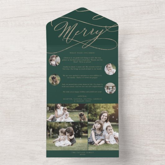 Romantic Gold Green Merry Multi Photo Holiday All In One Uitnodiging (Binnen)