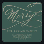 Romantic Gold Green Merry Return Address Envelope Vierkante Sticker<br><div class="desc">Deze romantische goudgroene stickers voor retouradressen zijn perfect voor een eenvoudige vakantiekaart of uitnodiging. Het moderne klassieke ontwerp is voorzien van fancy draden en grillen met prachtige elegante handgeschreven faux champagne Gold folie-typografie.</div>