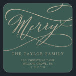 Romantic Gold Green Merry Return Address Envelope Vierkante Sticker<br><div class="desc">Deze romantische goudgroene stickers voor retouradressen zijn perfect voor een eenvoudige vakantiekaart of uitnodiging. Het moderne klassieke ontwerp is voorzien van fancy draden en grillen met prachtige elegante handgeschreven faux champagne Gold folie-typografie.</div>