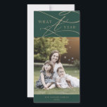 Romantic Gold Green over een jaar nieuws uit de fo Feestdagenkaart<br><div class="desc">Deze romantische goudgroene, een jaar lang foto-familiefeestkaart is de perfecte eenvoudige feestelijke groet. Het moderne klassieke ontwerp is voorzien van fancy draden en grillen met prachtige elegante handgeschreven faux champagne Gold folie-typografie. Pas de voorzijde van de kaart aan met een foto, uw familienaam en het jaar. Neem een extra foto...</div>