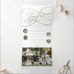 Romantic Gold Joyful-kerstmulti-foto Drieluik Wenskaart<br><div class="desc">Deze romantische gouden kerstkaart met meerdere foto's, drieledig vakantiekaart, is het perfecte eenvoudige jaar in de review vakantie groet. Het moderne klassieke ontwerp is voorzien van fancy draden en grillen met prachtige elegante handgeschreven faux champagne goudfolie-typografie. Pas uw drievoudige vakantiekaart aan met 7 foto's, een familienieuwsbrief, uw namen en het...</div>