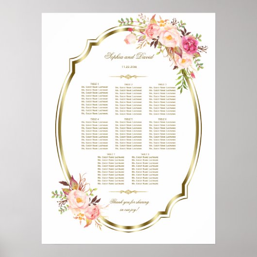 Romantic Gold Lijst Blush Floral Seating Chart Poster (Voorkant)