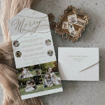 Romantic Gold Merry kerst Multi Photo Holiday All In One Uitnodiging<br><div class="desc">Deze romantische gouden kerstkaart met meerdere foto's voor kerstmis is het perfecte eenvoudige jaar in de review vakantie groet. Het moderne klassieke ontwerp is voorzien van fancy draden en grillen met prachtige elegante handgeschreven faux champagne Gold folie-typografie. Pas uw stempel aan en stuur een drievoudige vakantiekaart met 7 foto's, een...</div>