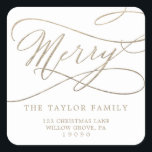 Romantic Gold Merry Return Address Envelope Vierkante Sticker<br><div class="desc">Deze romantische gouden stickers voor het retouradres zijn ideaal voor een eenvoudige vakantiekaart of uitnodiging. Het moderne klassieke ontwerp is voorzien van fancy draden en grillen met prachtige elegante handgeschreven faux champagne Gold folie-typografie.</div>