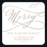 Romantic Gold Merry Return Address Envelope Vierkante Sticker<br><div class="desc">Deze romantische gouden stickers voor het retouradres zijn ideaal voor een eenvoudige vakantiekaart of uitnodiging. Het moderne klassieke ontwerp is voorzien van fancy draden en grillen met prachtige elegante handgeschreven faux champagne Gold folie-typografie.</div>