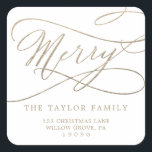 Romantic Gold Merry Return Address Envelope Vierkante Sticker<br><div class="desc">Deze romantische gouden stickers voor het retouradres zijn ideaal voor een eenvoudige vakantiekaart of uitnodiging. Het moderne klassieke ontwerp is voorzien van fancy draden en grillen met prachtige elegante handgeschreven faux champagne Gold folie-typografie.</div>