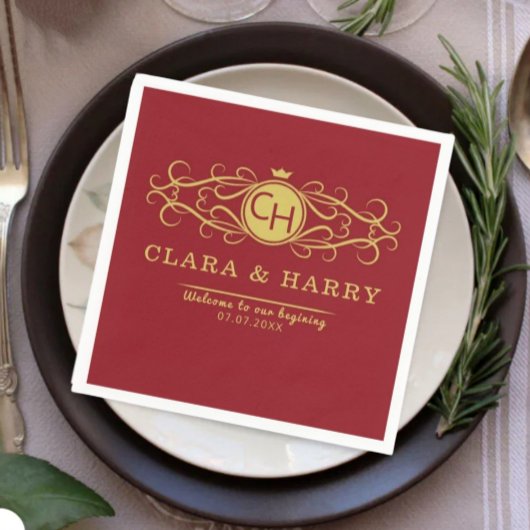 Romantic gold red elegant calligraphy wedding  servet