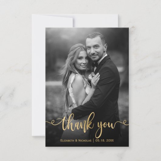 Romantic Gold Script 2 Black White Photo Wedding Bedankkaart (Voorkant)