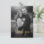 Romantic Gold Script 2 Black White Photo Wedding Bedankkaart (Staand voorkant)