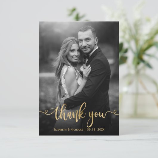 Romantic Gold Script 2 Black White Photo Wedding Bedankkaart (Staand voorkant)
