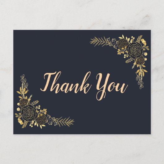 Romantic golden Floral Navy Blue card Briefkaart (Voorkant)