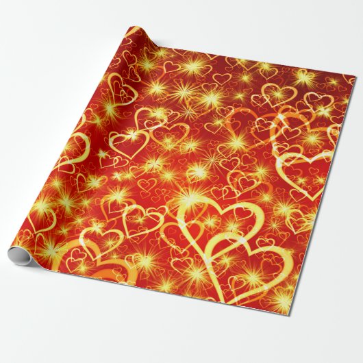 Romantic Golden Hearts over Sinaasappel Cadeaupapier (Uitgerold)