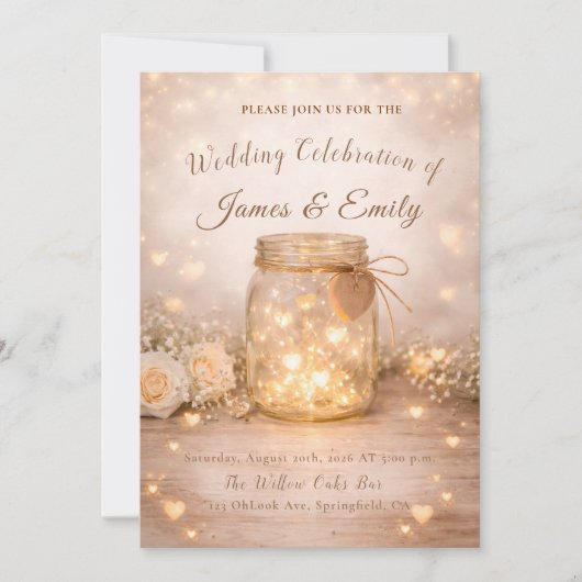 Romantic Golden Light Hearts Wedding Invite Kaart (Voorkant)