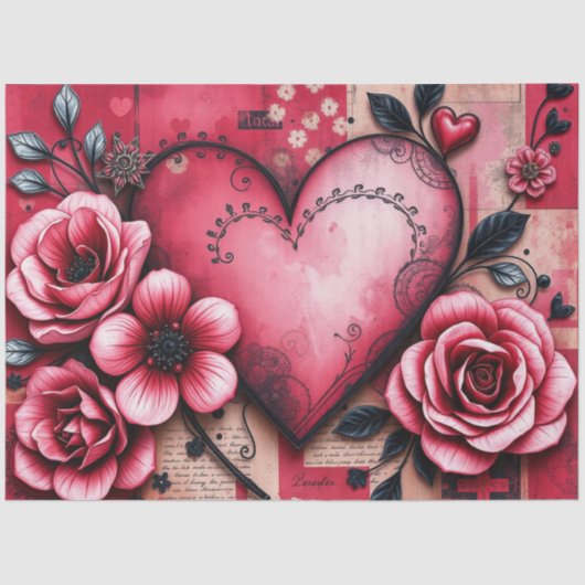 Romantic Gothic Hearts and flowers Tissue Paper Tissuepapier (Voorkant)