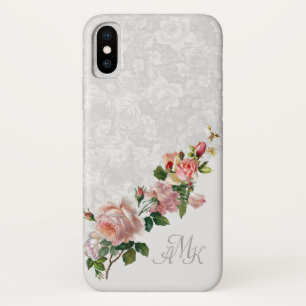 Romantic Gray Floral met roze rozen en monogram Case-Mate iPhone Case