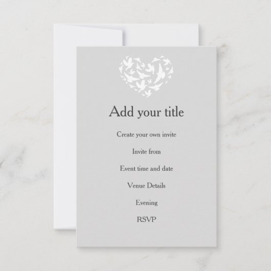 Romantic Gray met hart en vogels Uitnodiging (Voorkant)