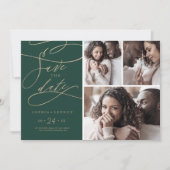 Romantic Green Calligraphy 3 Photo Collage Save The Date (Voorkant)