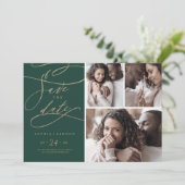 Romantic Green Calligraphy 3 Photo Collage Save The Date (Staand voorkant)