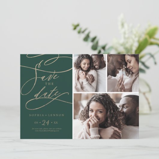 Romantic Green Calligraphy 3 Photo Collage Save The Date (Staand voorkant)