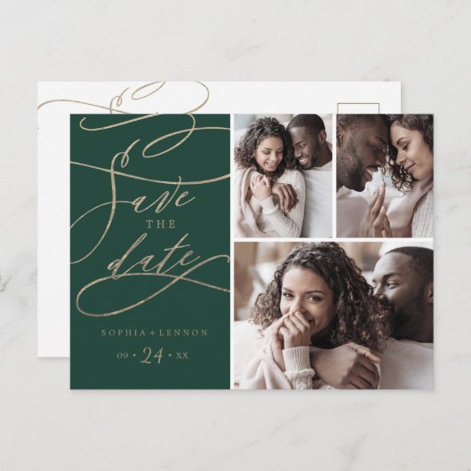 Romantic Green Calligraphy 3 Photo Save the Date Uitnodiging Briefkaart (Voorkant / Achterkant)