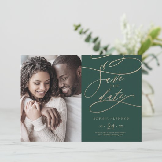 Romantic Green Calligraphy Foto Save The Date (Staand voorkant)