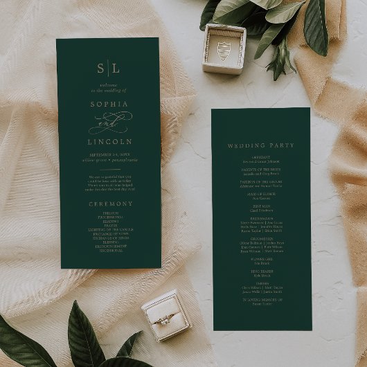 Romantic Green Calligraphy Monogram Wedding Programmakaart