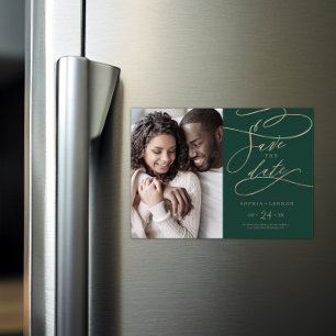Romantic Green Calligraphy Photo Save the Date Magnetische Uitnodiging
