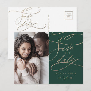 Romantic Green Calligraphy Photo Save the Date Uitnodiging Briefkaart
